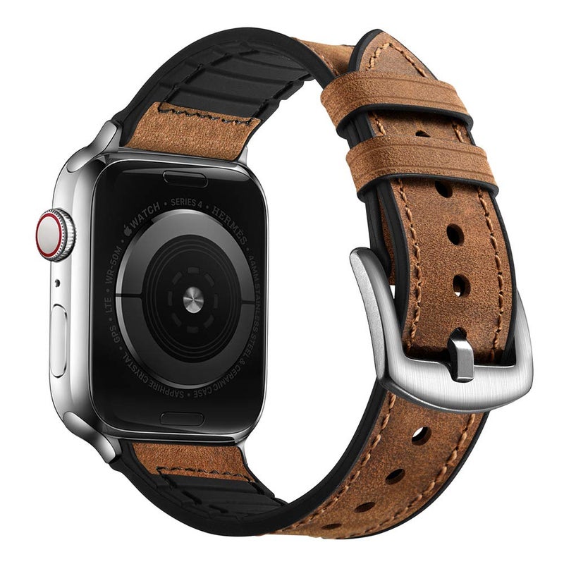 OUHENG Compatible with Apple Watch Band 45mm 44mm 42mm, Sweatproof Genuine Leather and Rubber Hybrid Band Strap Compatible with iWatch Series 7 6 5 4 3 2 1 SE, Brown Band with Silver Adapter - Image 1